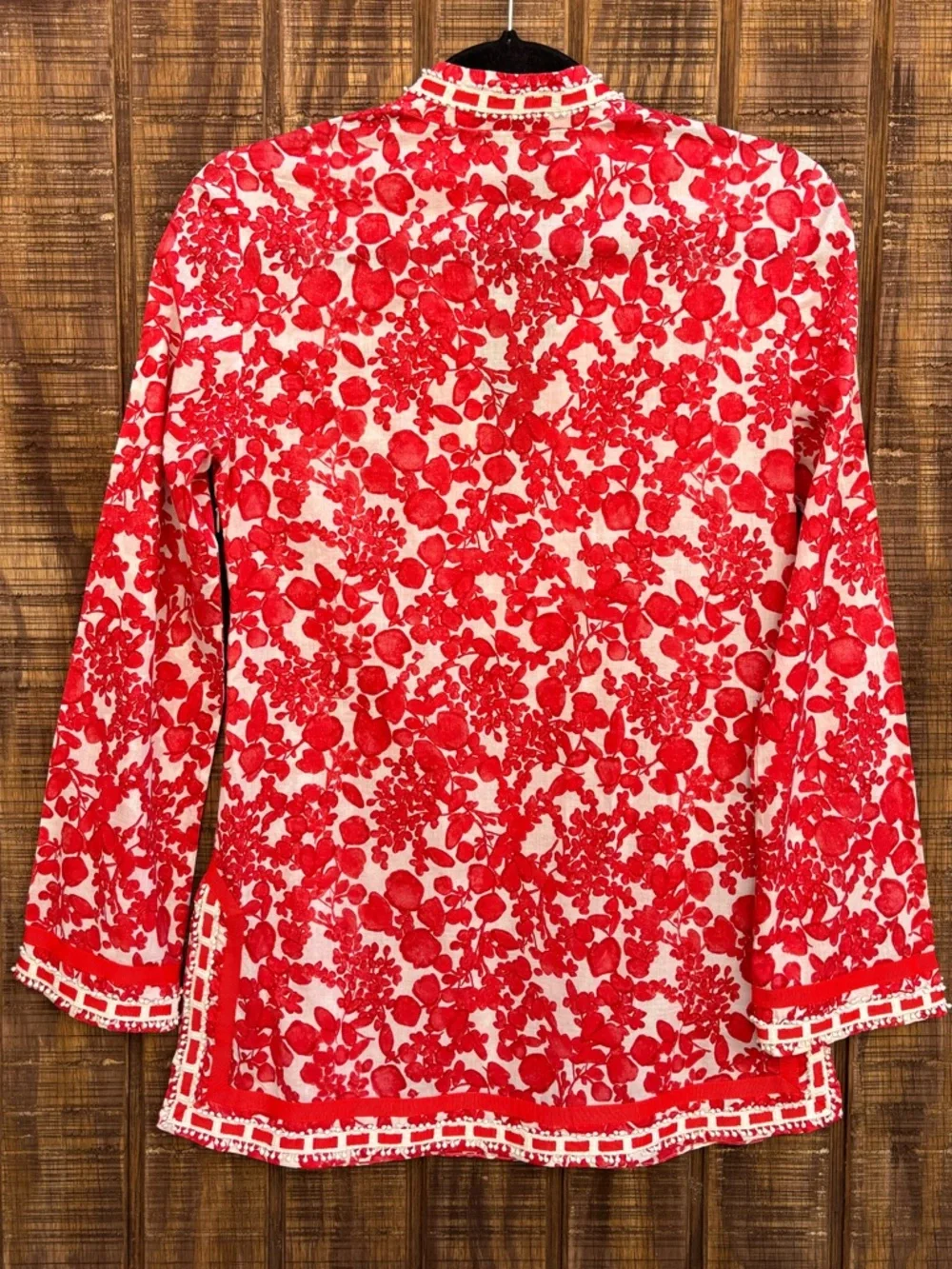 Tory Burch Red And White Floral Tunic Top With Crochet Ribbon Detail